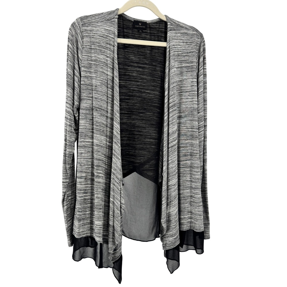 Worthington Open Cardigan Sweater Womens Large Gray Space Sheer TrimTulip Back